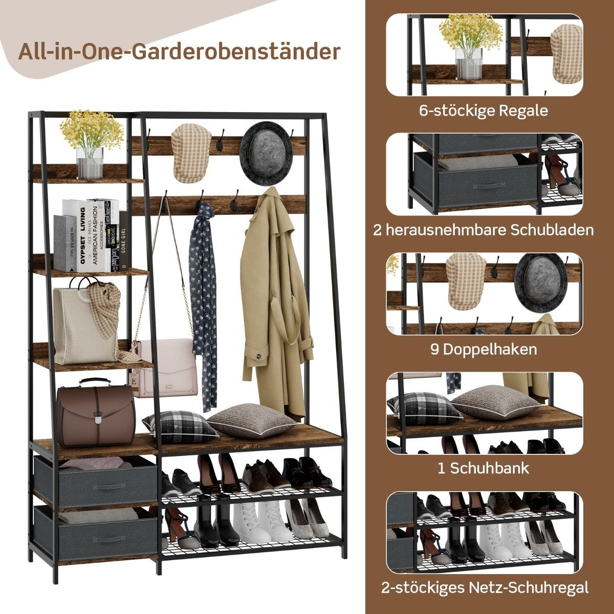 Industrial coat rack with shoe bench for the entrance area 122x40x180 cm Rustic brown