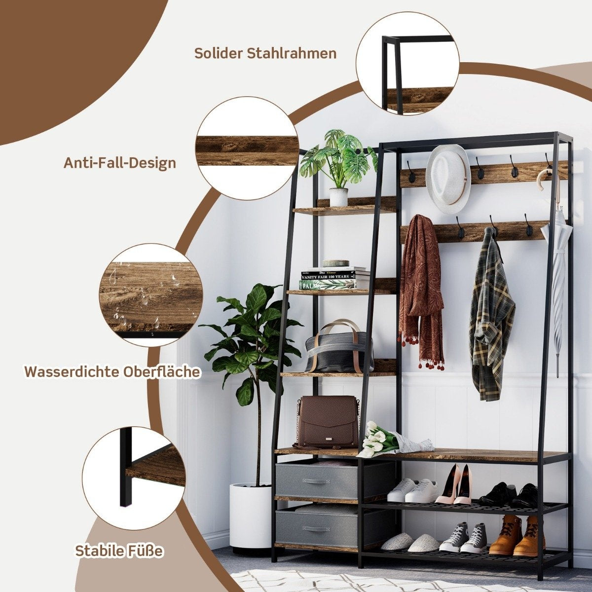 Industrial coat rack with shoe bench for the entrance area 122x40x180 cm Rustic brown