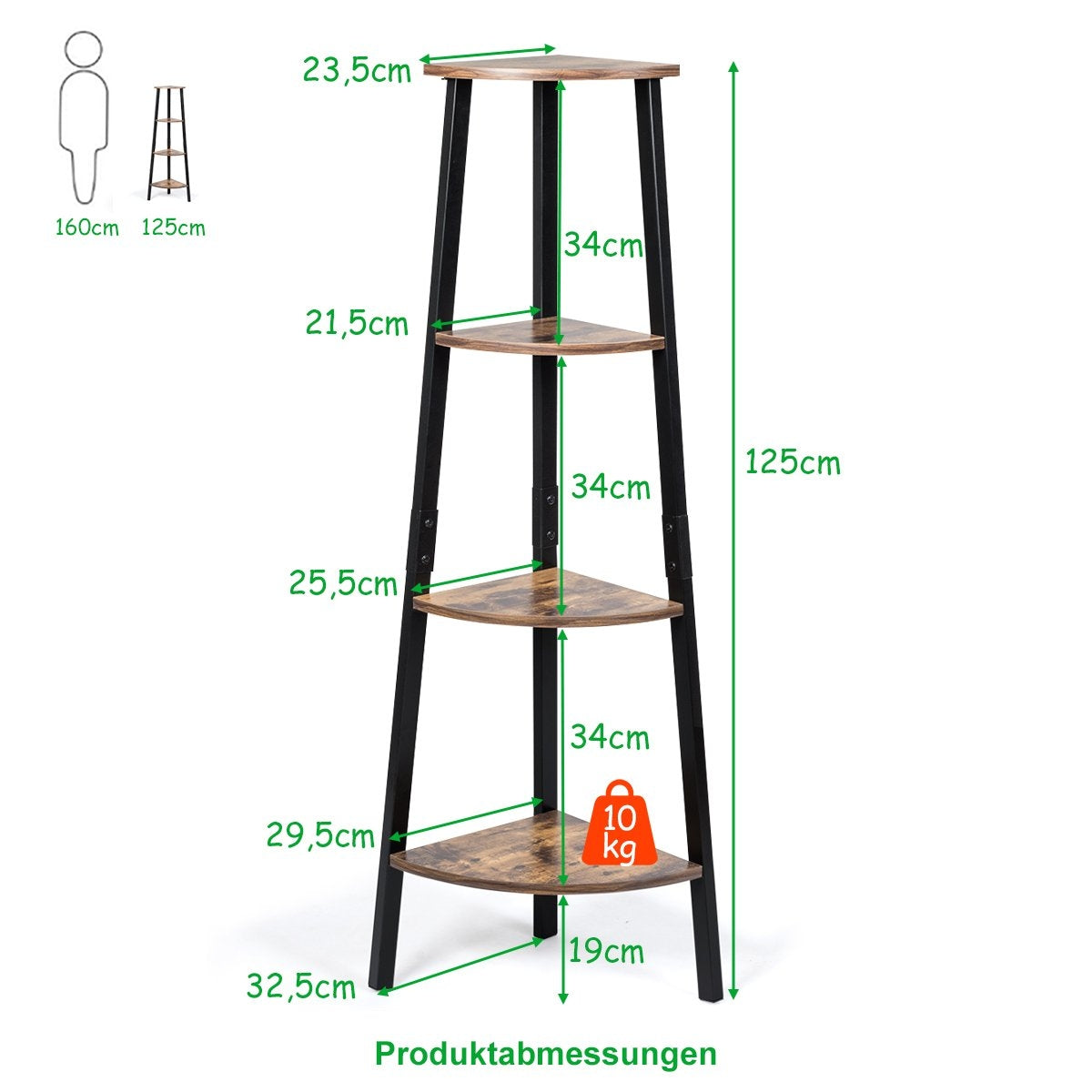 Industrial corner shelf plant shelf with 4 levels 34 x 34 x 124.5 cm brown + black