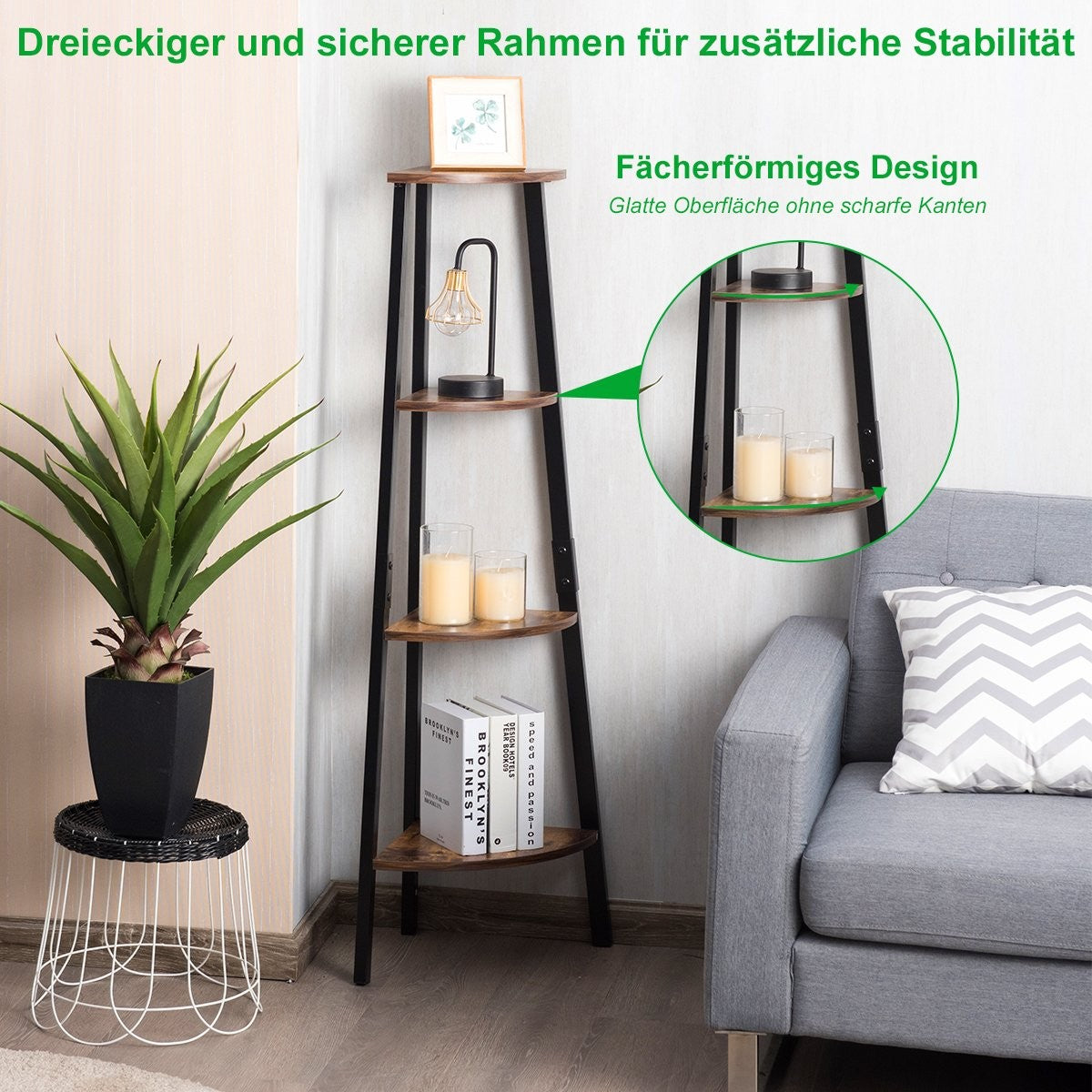 Industrial corner shelf plant shelf with 4 levels 34 x 34 x 124.5 cm brown + black