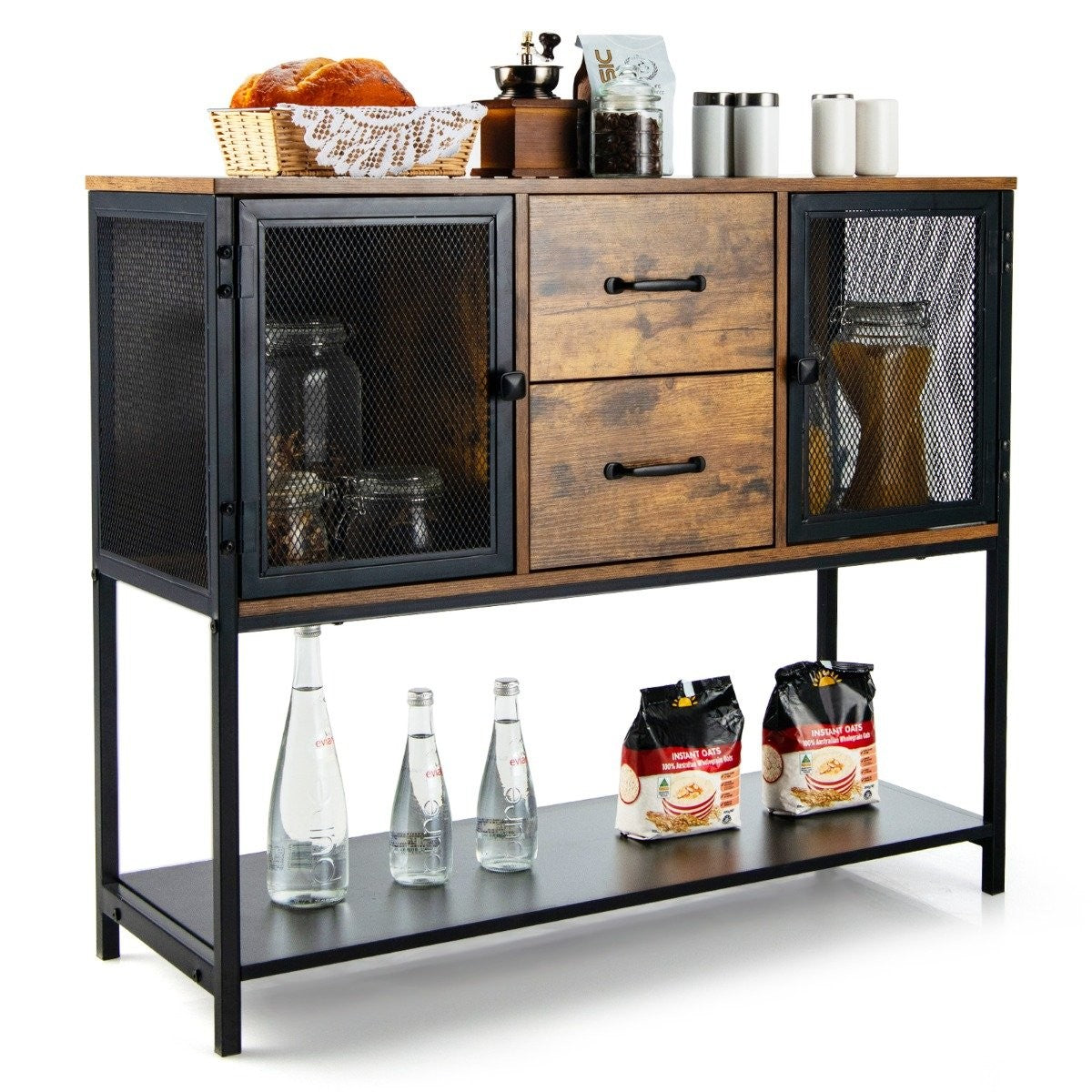 Industrial multifunctional sideboard with 2 mesh cabinets and 2 drawers 100 x 35 x 85 cm
