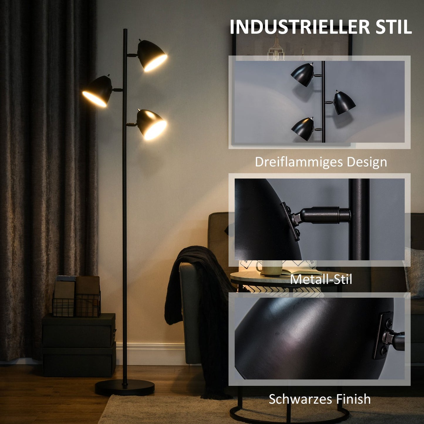 Industrial floor lamp - Adjustable steel lampshades, black