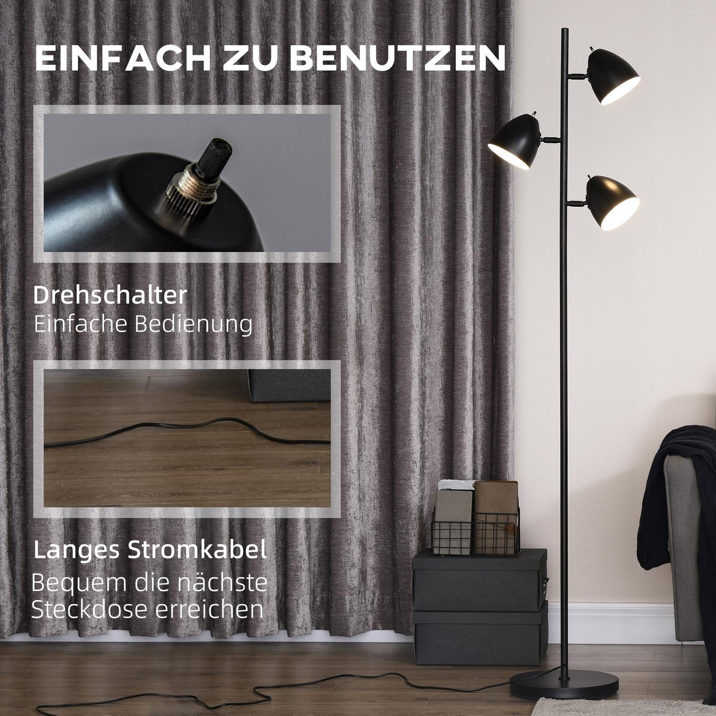 Industrial floor lamp - Adjustable steel lampshades, black