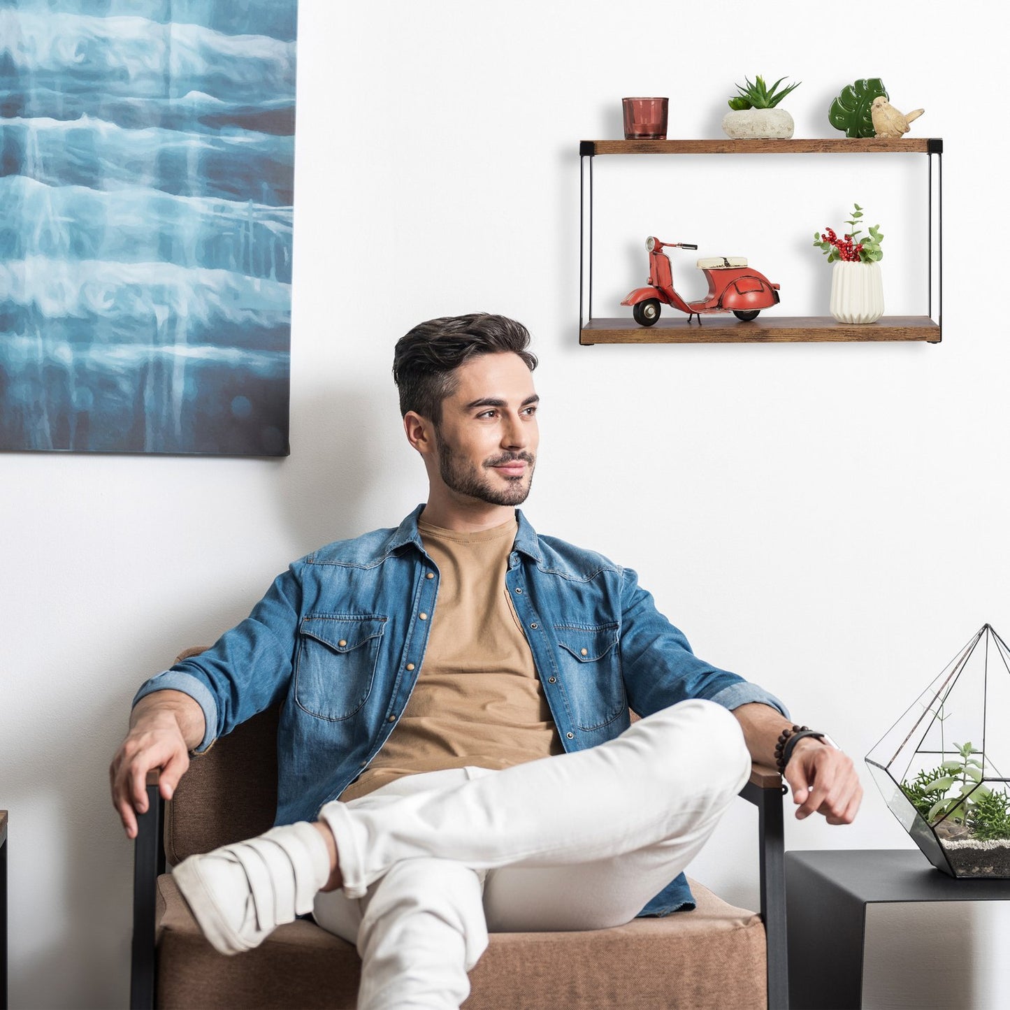 Industrial wall shelf with 2 shelves