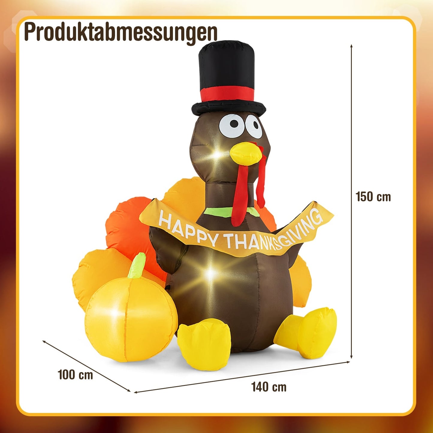 Inflatable 150cm Turkey with Pumpkin, LED Lights, Thanksgiving Decor
