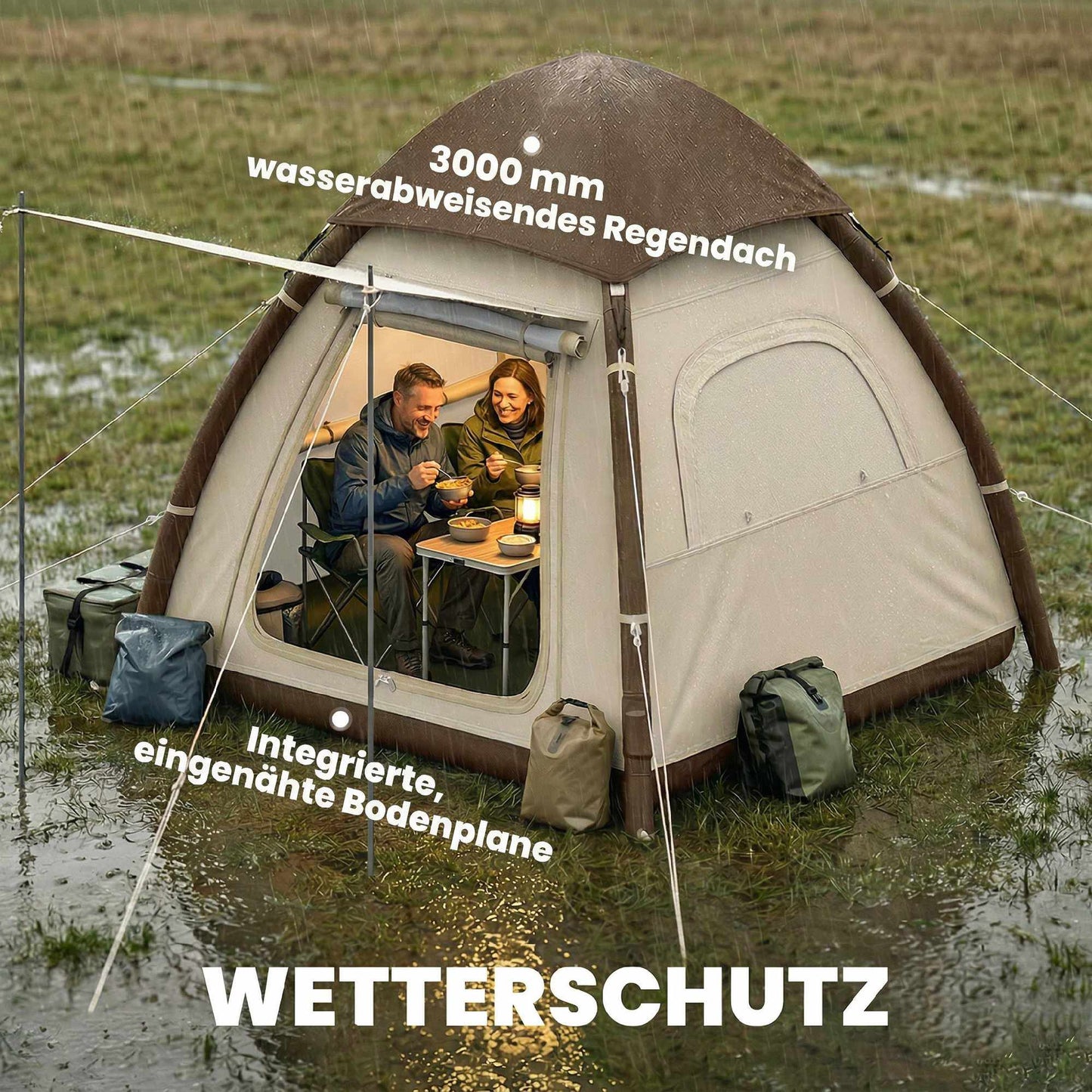 Inflatable 3-Person Camping Tent with Pump & Mesh Roof