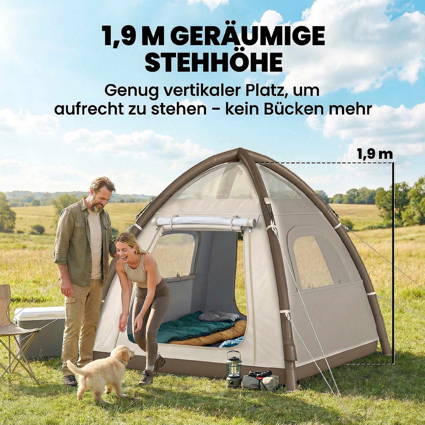Inflatable 3-Person Camping Tent with Pump & Mesh Roof