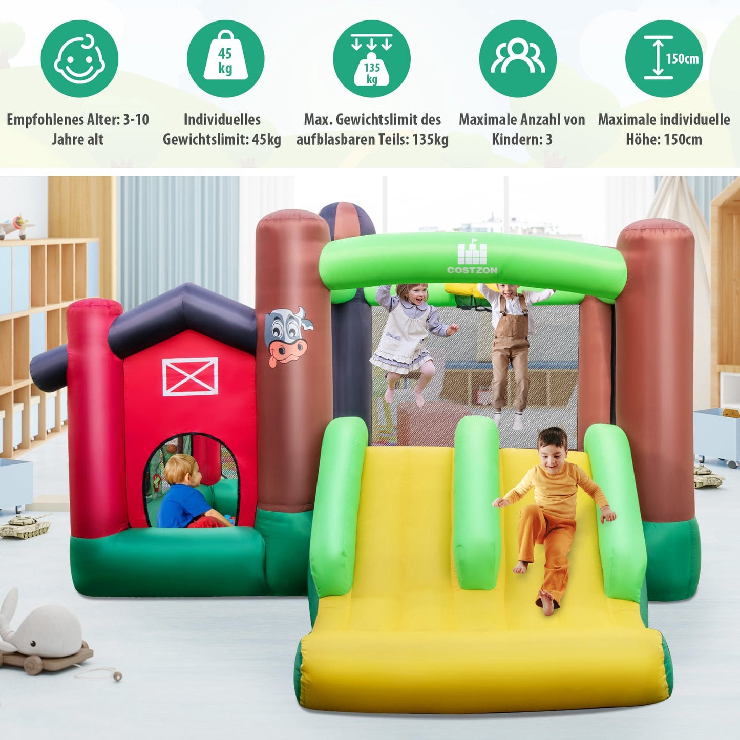 Inflatable Bounce House with Slide & Ball Pit, 356x330x220 cm