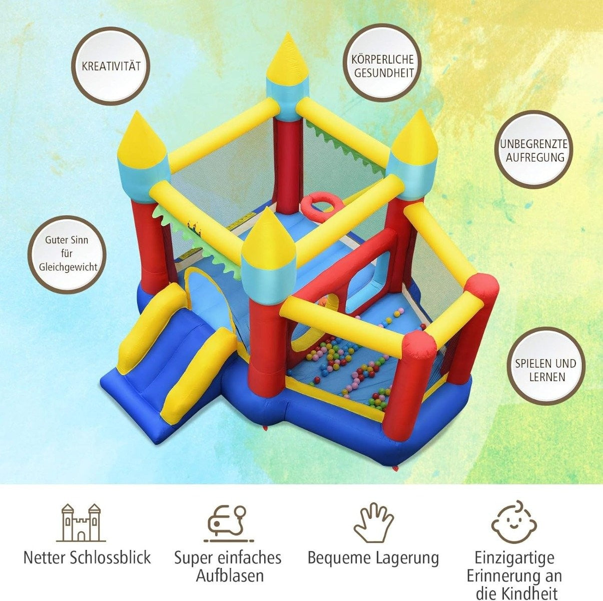 Inflatable Bounce House with Slide, Blower, Balls & Bag