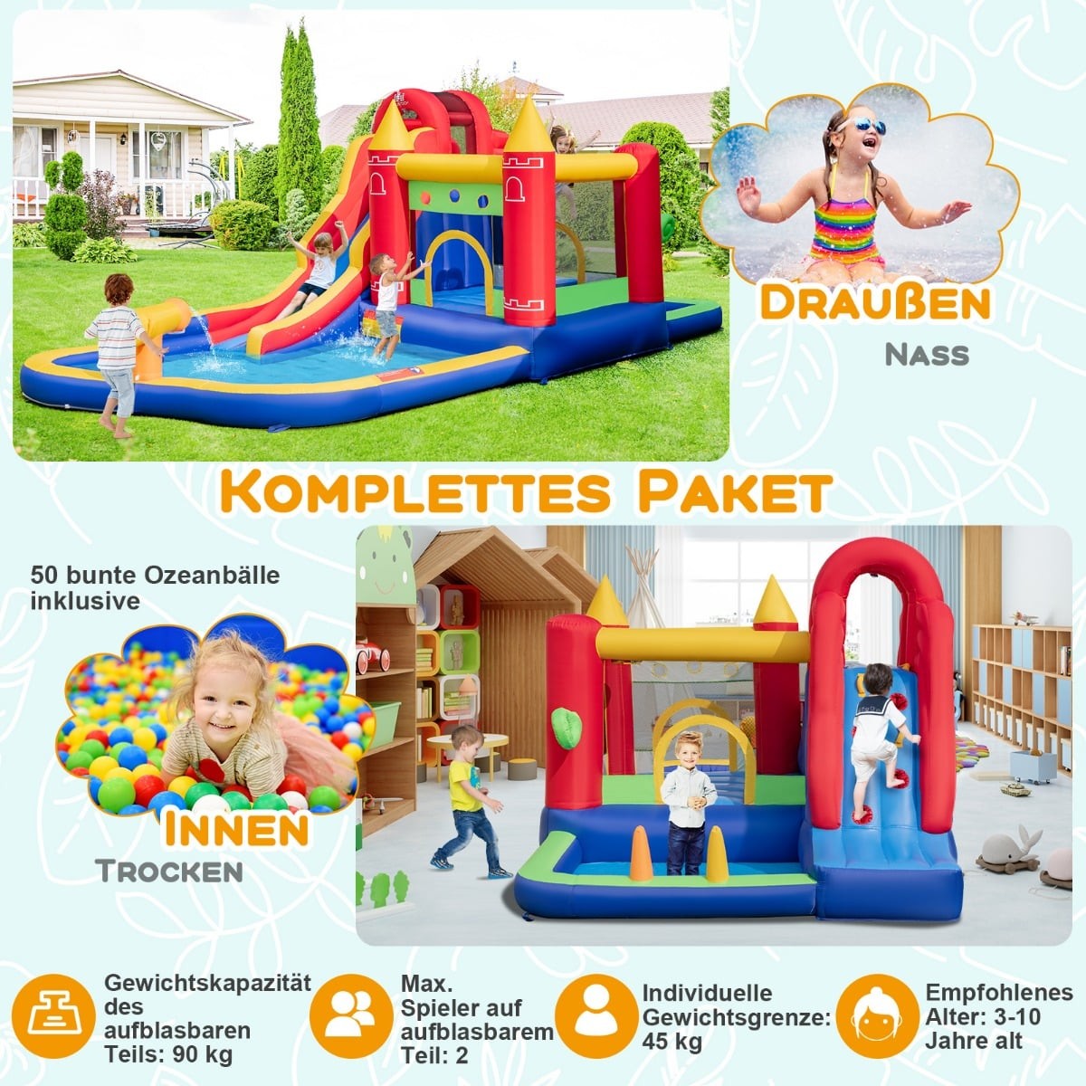 Inflatable Bounce House with Slide & Climbing Wall, 9-in-1