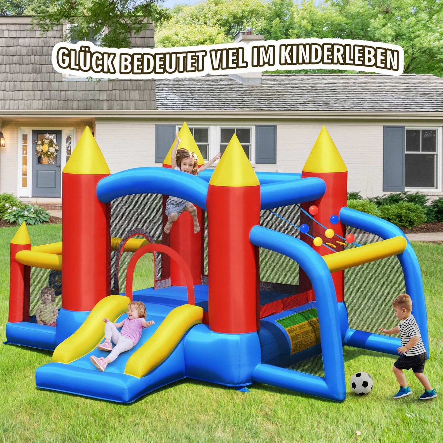 Inflatable Bouncy Castle +450W Blower with Slide Ocean Balls 350 x 275 x 196 cm Colorful