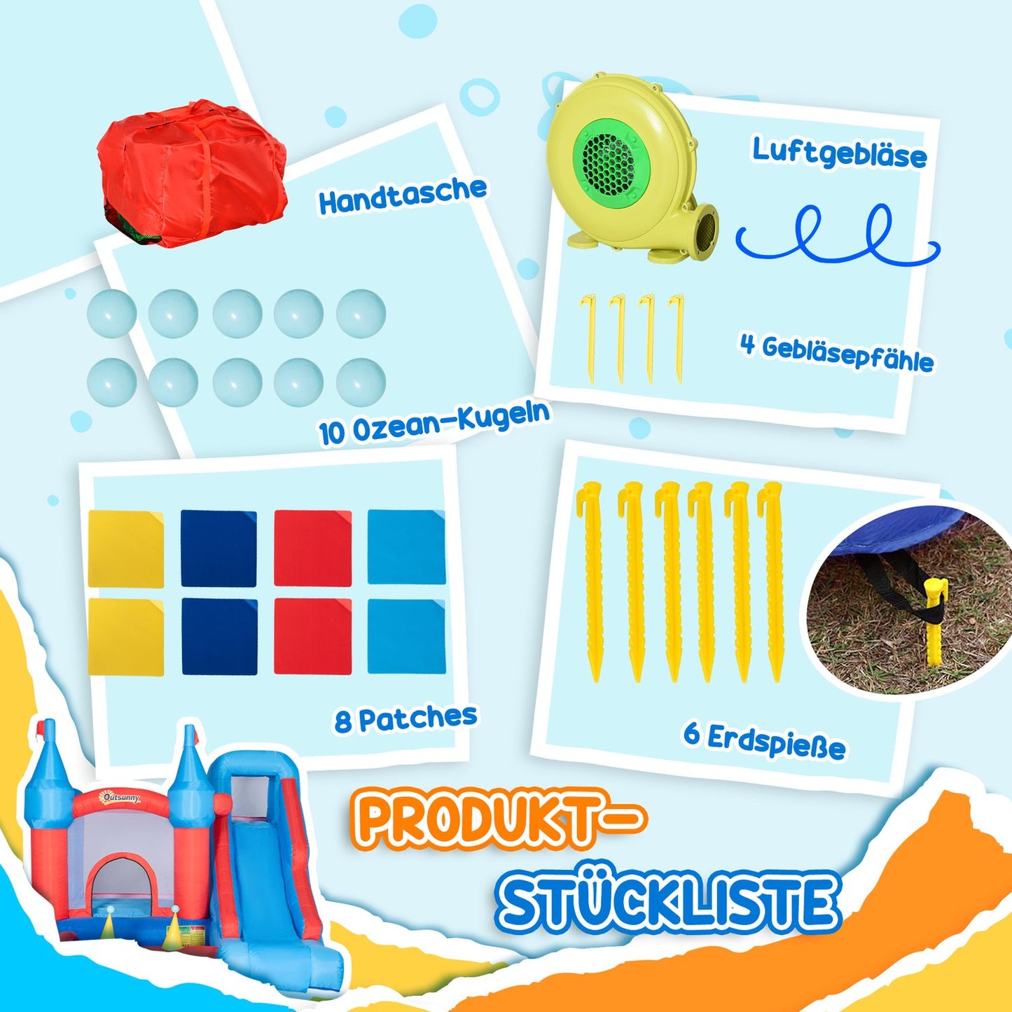 Inflatable bouncy castle with slide and pool for children 3-8
