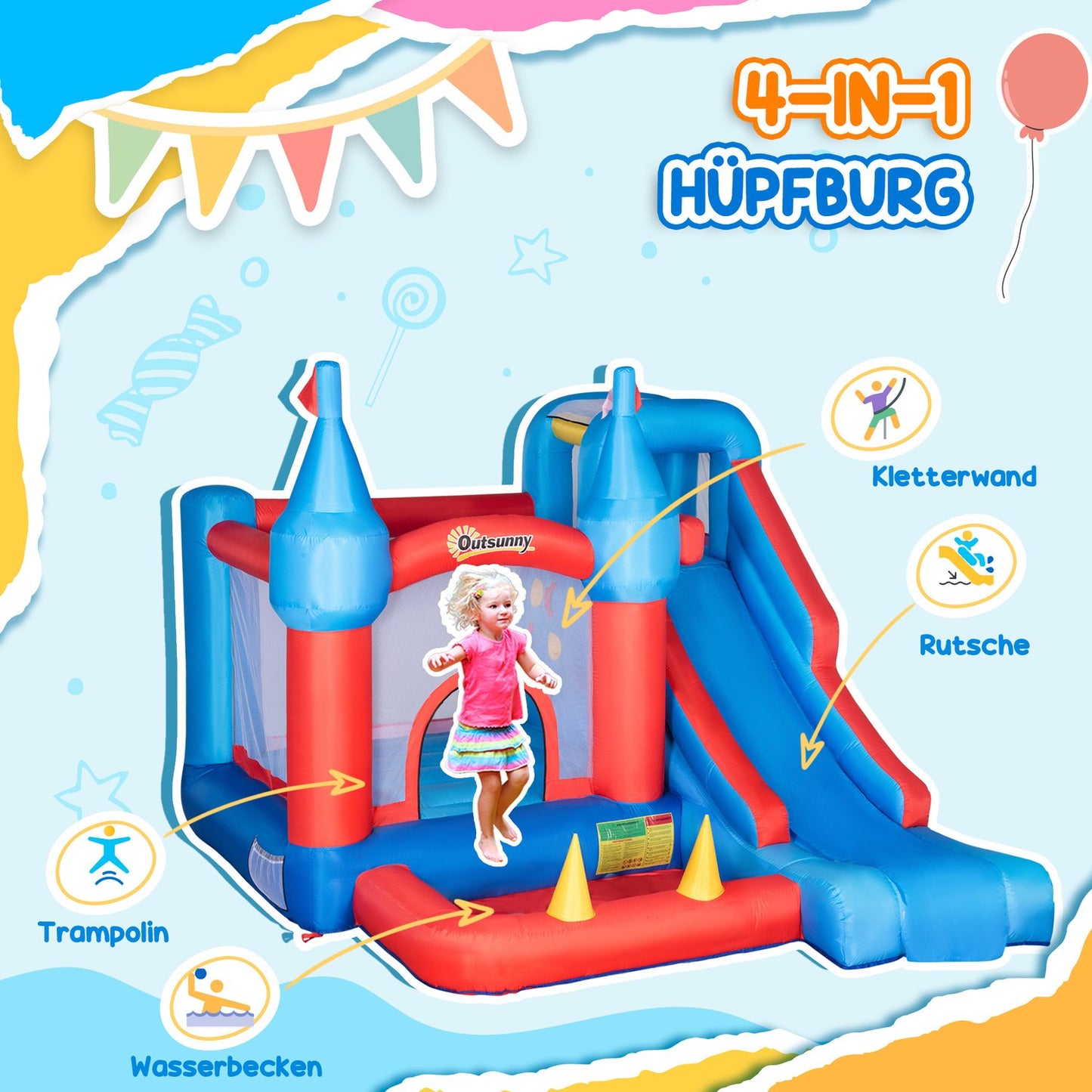 Inflatable bouncy castle with slide and pool for children 3-8