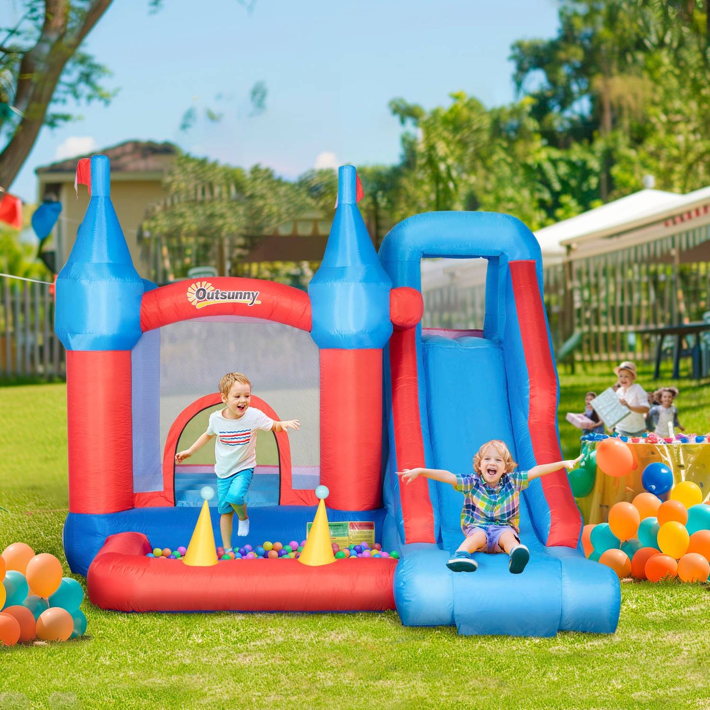 Inflatable bouncy castle with slide and pool for children 3-8