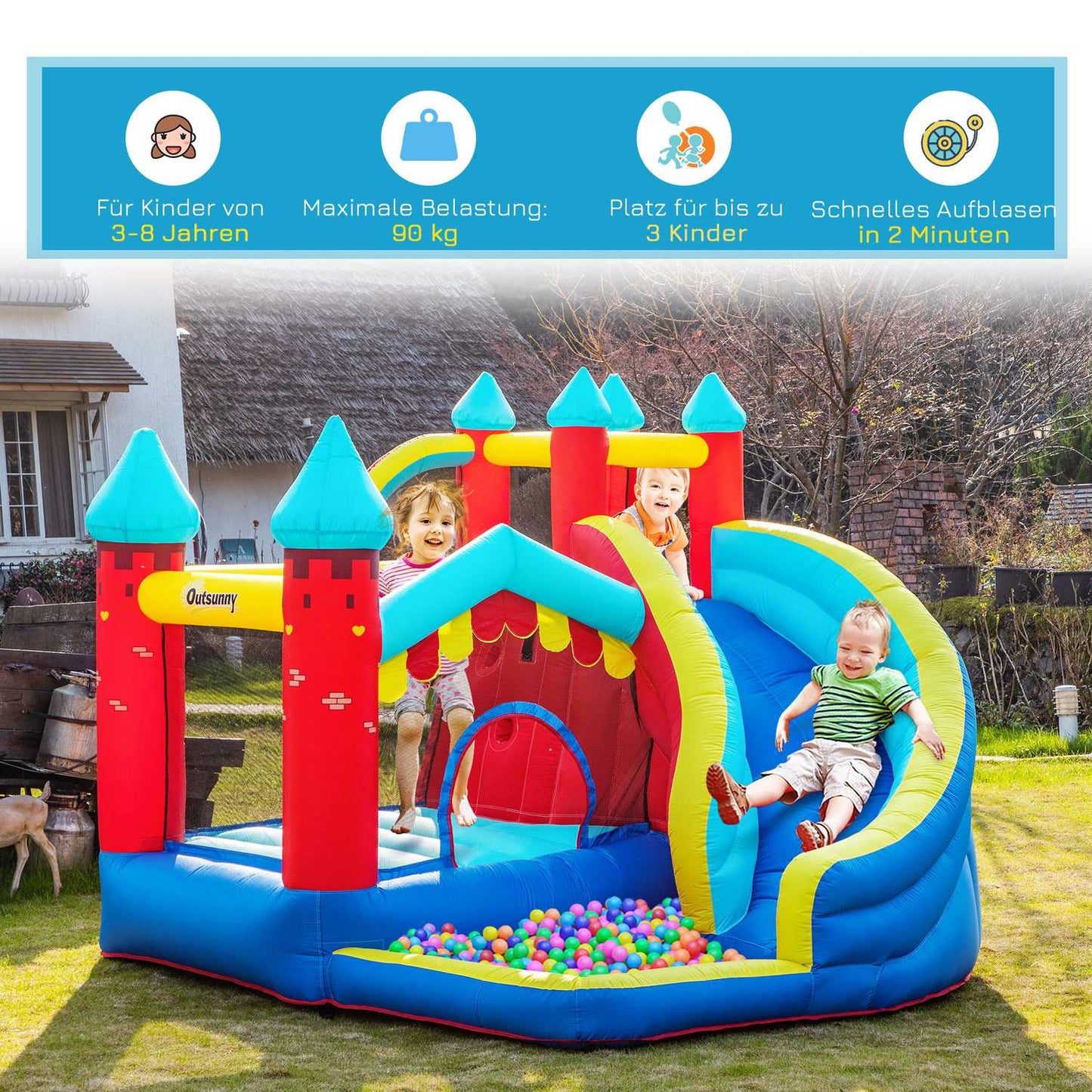 Inflatable bouncy castle with slide and ball pit for children