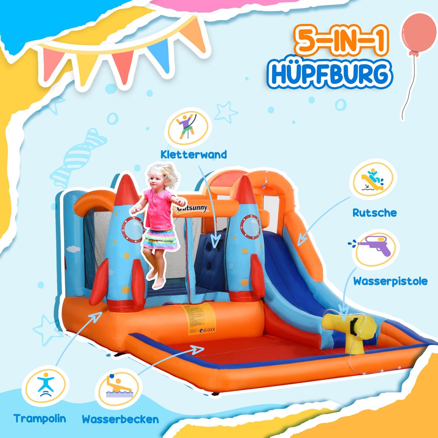 Inflatable bouncy castle with slide for ages 3-8