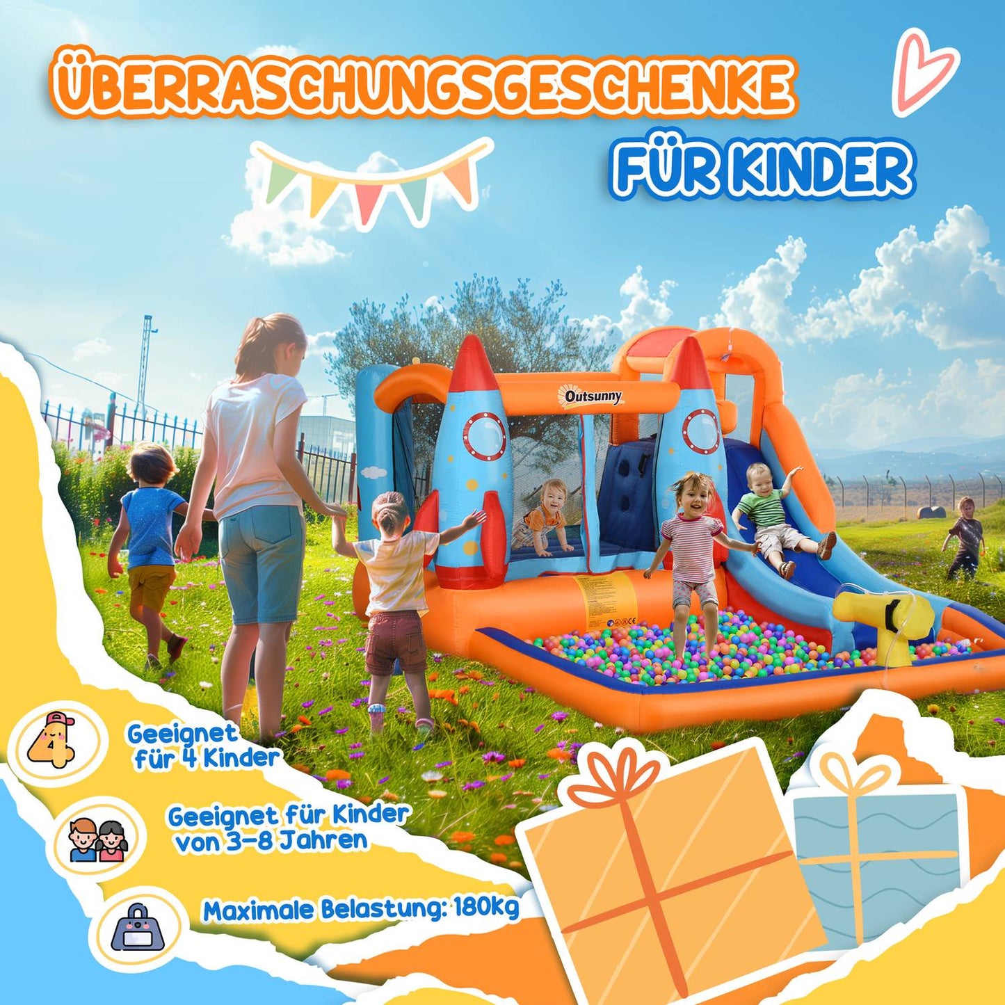 Inflatable bouncy castle with slide for ages 3-8
