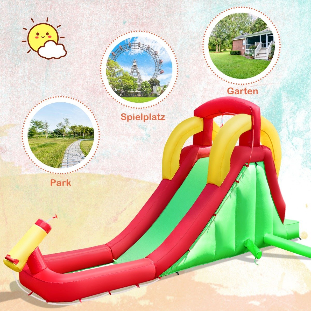 Inflatable Bouncy Castle Water Slide Park Play Pool Slide 470 x 120 x 242cm Green + Red + Yellow