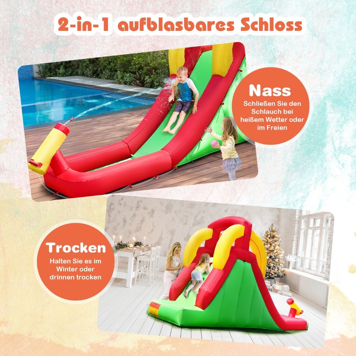 Inflatable Bouncy Castle Water Slide Park Play Pool Slide 470 x 120 x 242cm Green + Red + Yellow