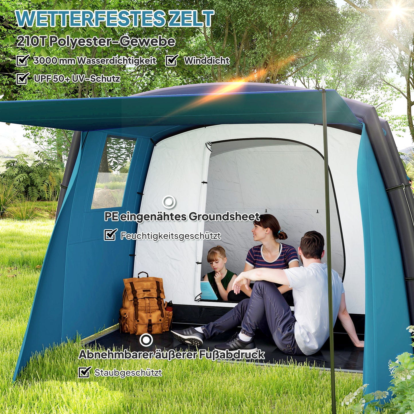 Inflatable 3-6 person camping tent, UV50+ windproof, 3-season