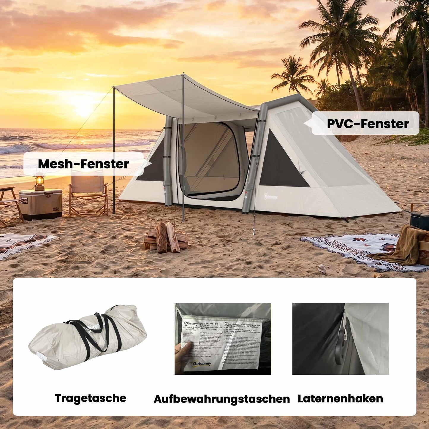 Inflatable Camping Tent, 3 Rooms, Darkened Bedroom, Waterproof