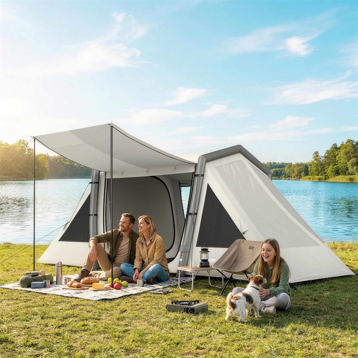 Inflatable Camping Tent, 3 Rooms, Darkened Bedroom, Waterproof