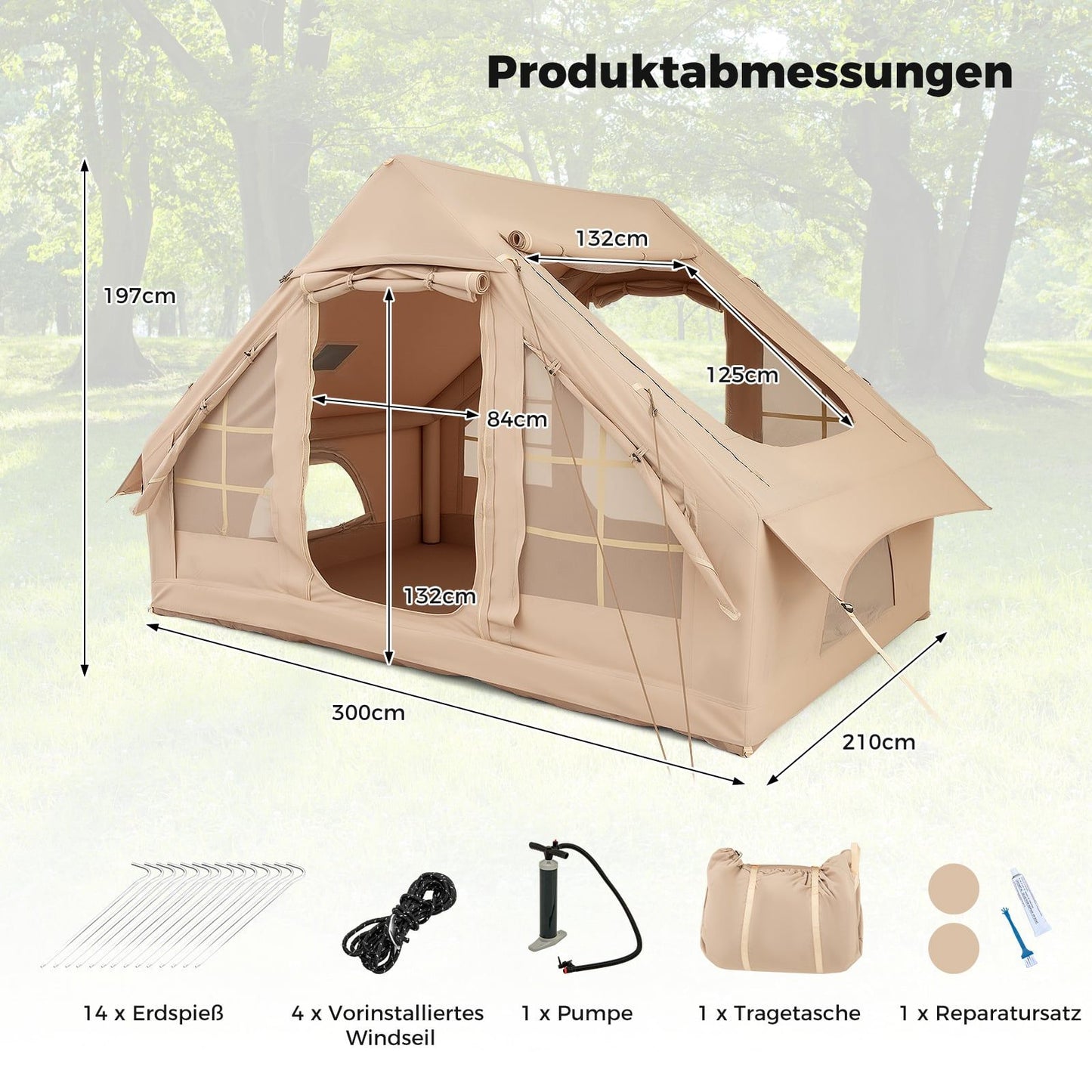 Inflatable Camping Tent for 4-6 People, 4 Mesh Windows