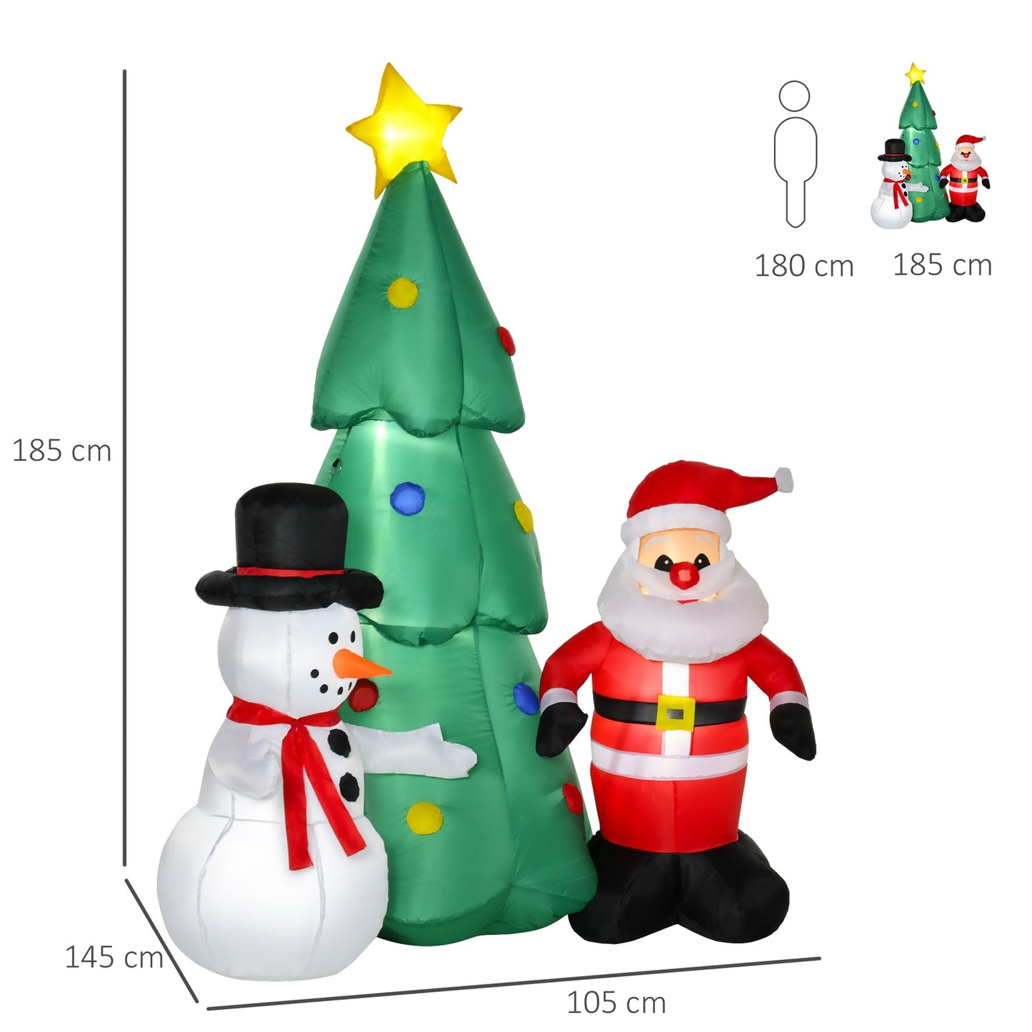 Inflatable LED Christmas tree with snowman, 185 cm polyester