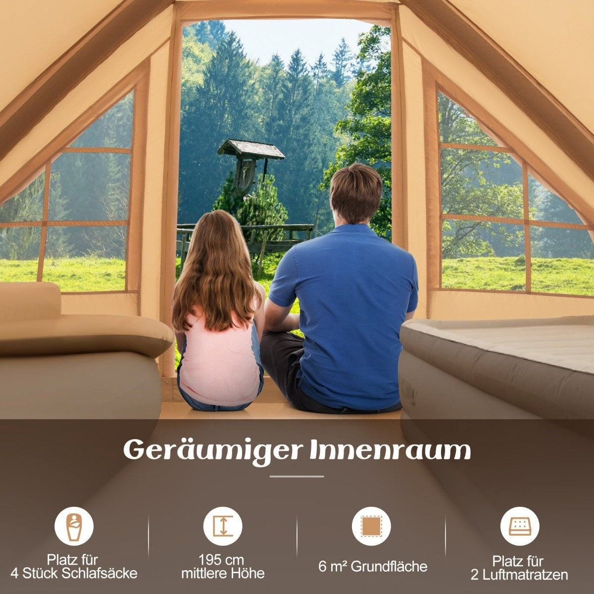 Inflatable Cotton Camping Tent for 4-6 People with Pump & 7 Window Beach Tent