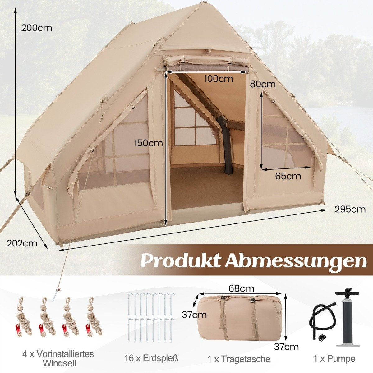 Inflatable Cotton Camping Tent for 4-6 People with Pump & 7 Window Beach Tent