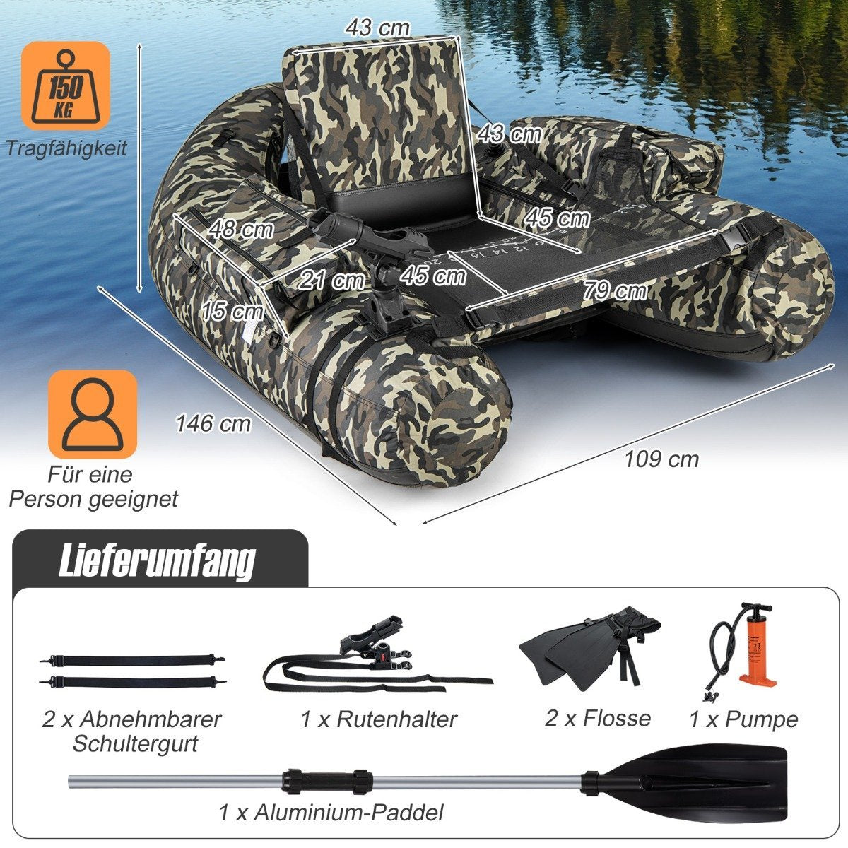 Inflatable Dinghy with Fish Ruler & Rod Holder & Paddle Fishing Boat Camouflage