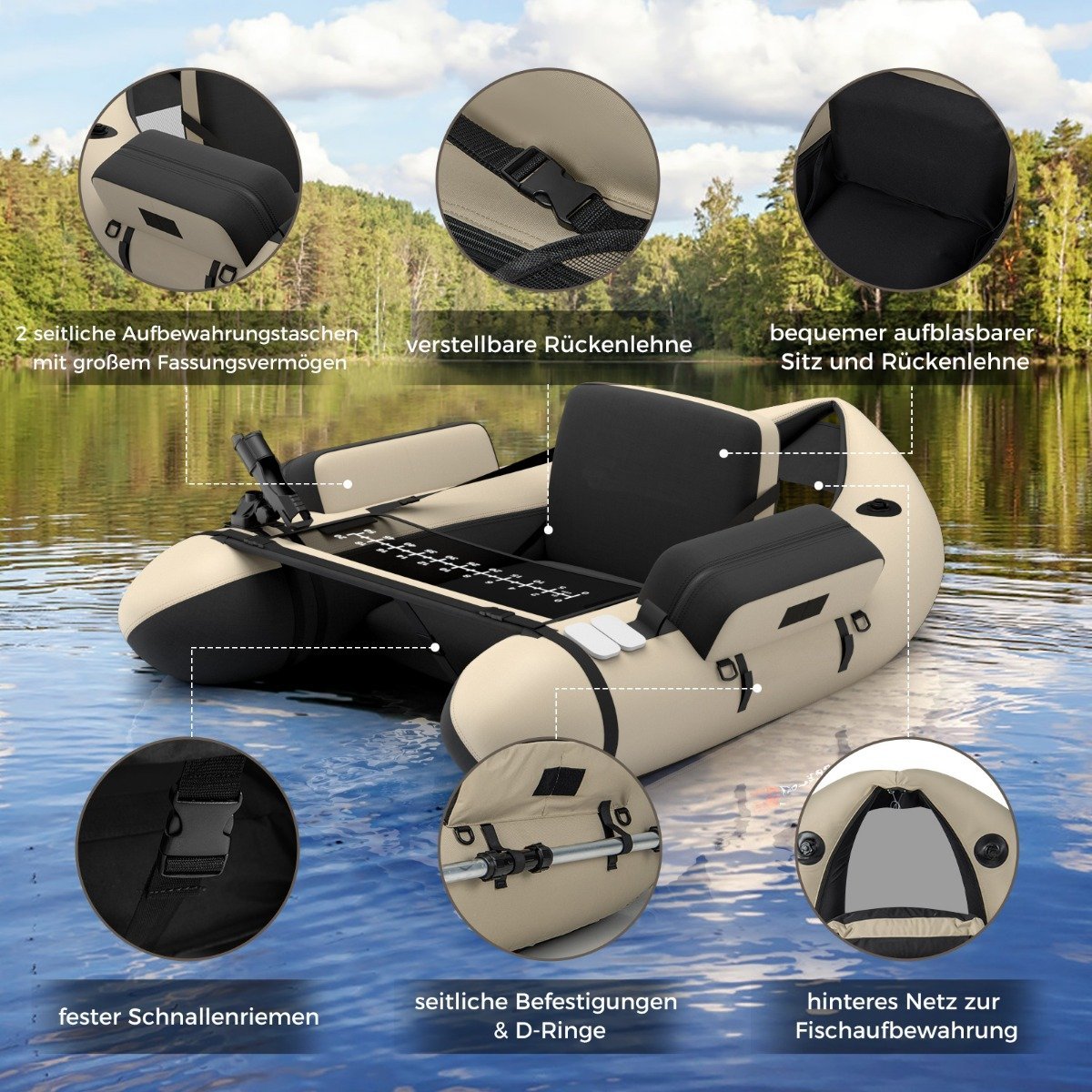 Inflatable Fishing Float Tube with Adjustable Backrest, 135x109x54 cm