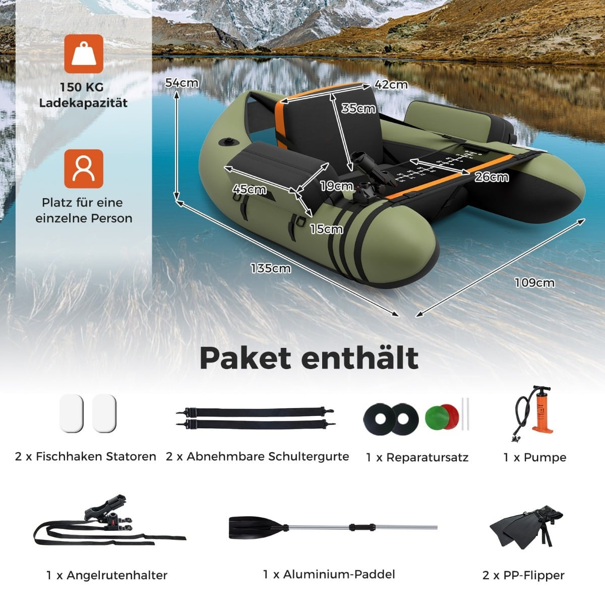 Inflatable Fishing Float Tube with Adjustable Backrest, 135x109x54 cm, Green