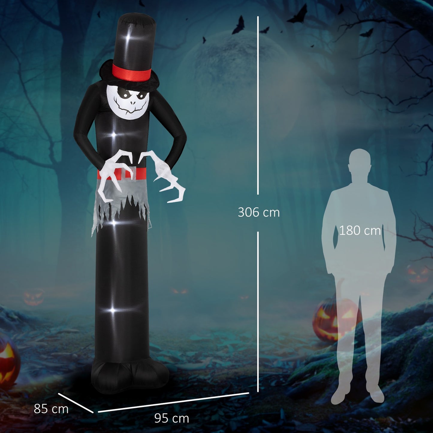 Inflatable Halloween Ghost with Hat, 5 LED Lights, 306cm