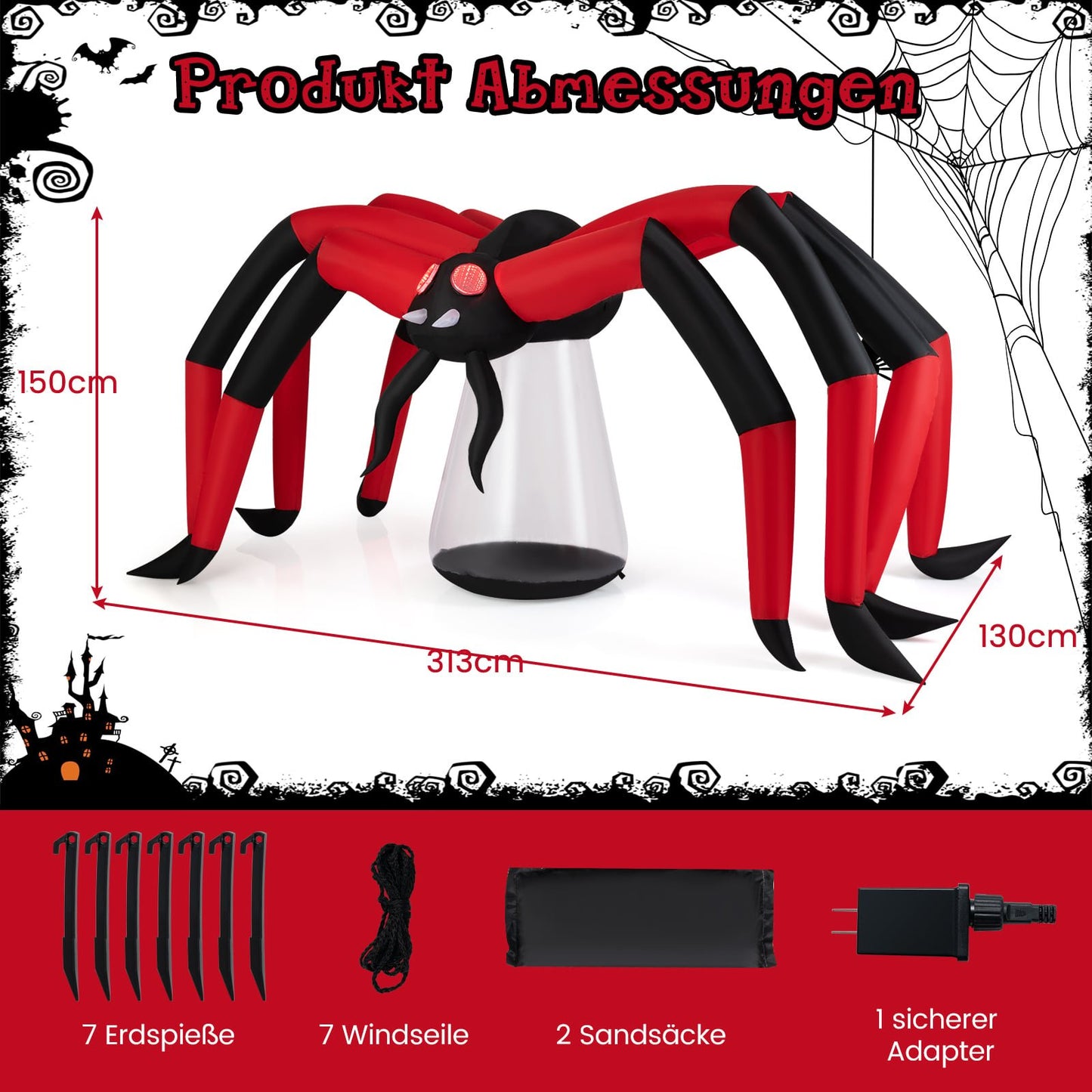 Inflatable Halloween Spider with LED Eyes, 313 cm