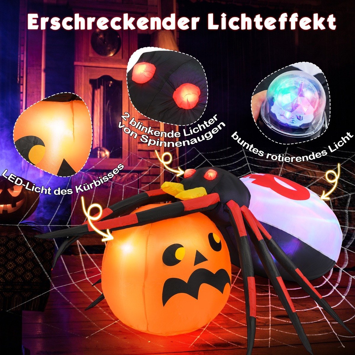 Inflatable Halloween Spider with Pumpkin & Rotating LED Lights Scary Spider Decoration