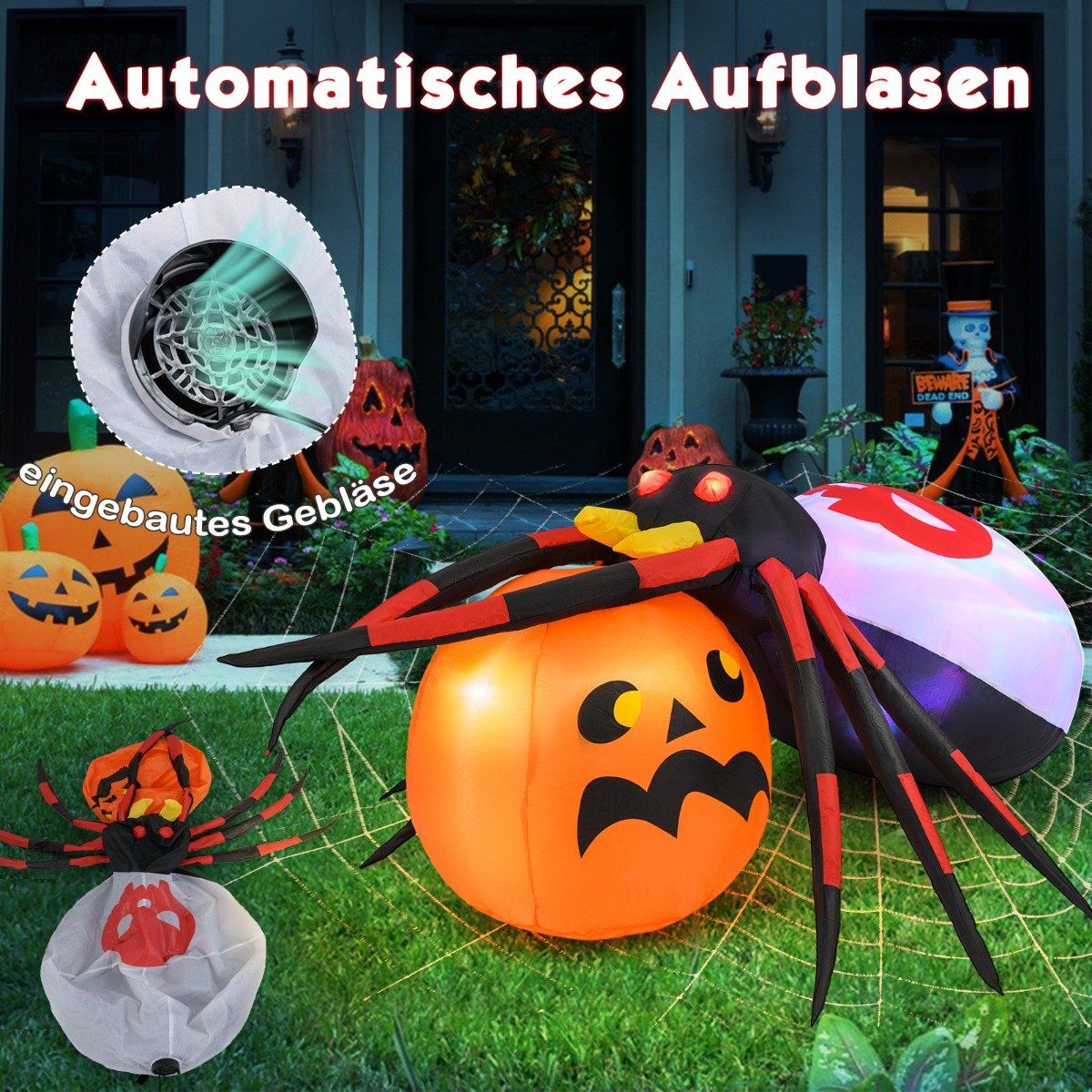 Inflatable Halloween Spider with Pumpkin & Rotating LED Lights Scary Spider Decoration