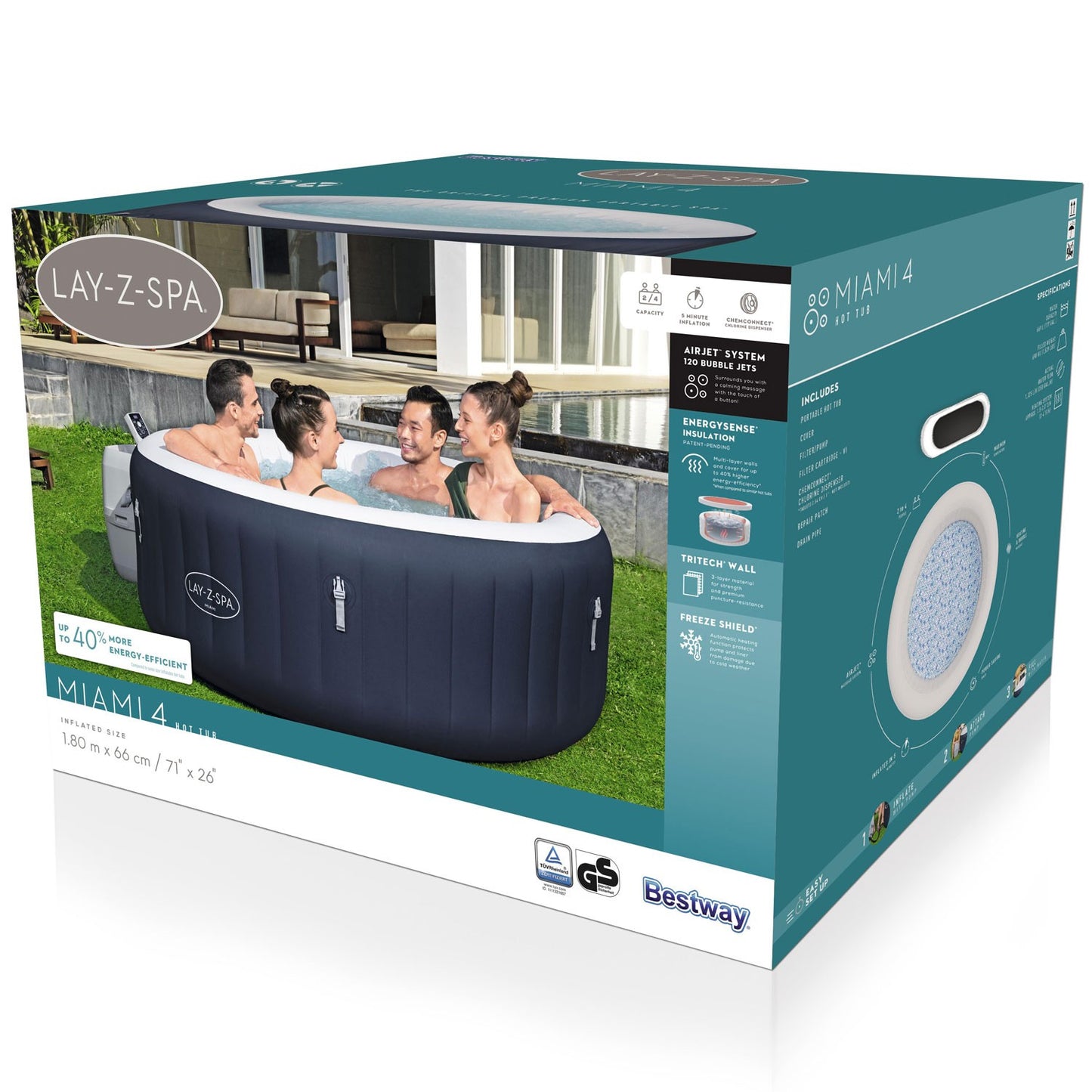 Inflatable Hot Tub, 4-Person, Energy Efficient, 120 Jets