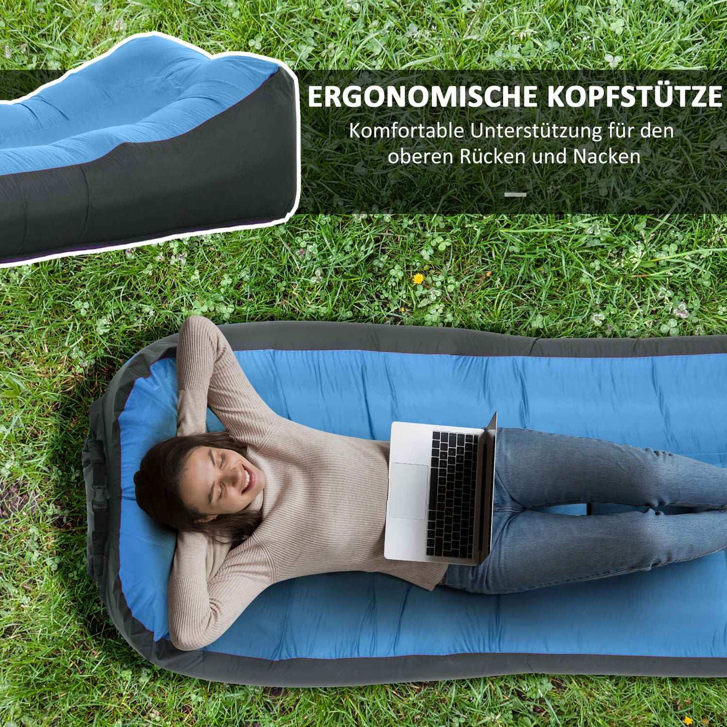 Blue waterproof inflatable sun lounger, self-inflating, 200 kg capacity
