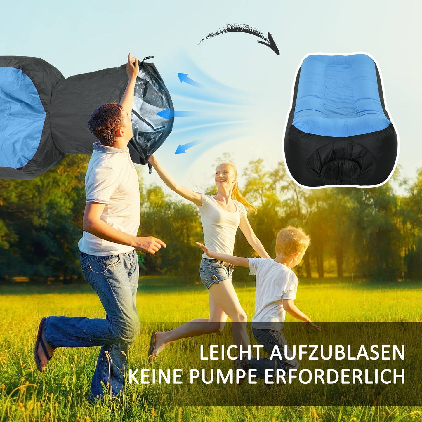 Blue waterproof inflatable sun lounger, self-inflating, 200 kg capacity