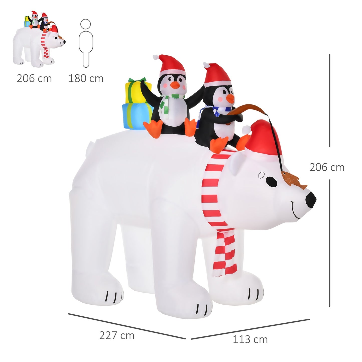 Inflatable Polar Bear and Penguins Christmas Decoration, 2.1M - Weatherproof and Illuminated