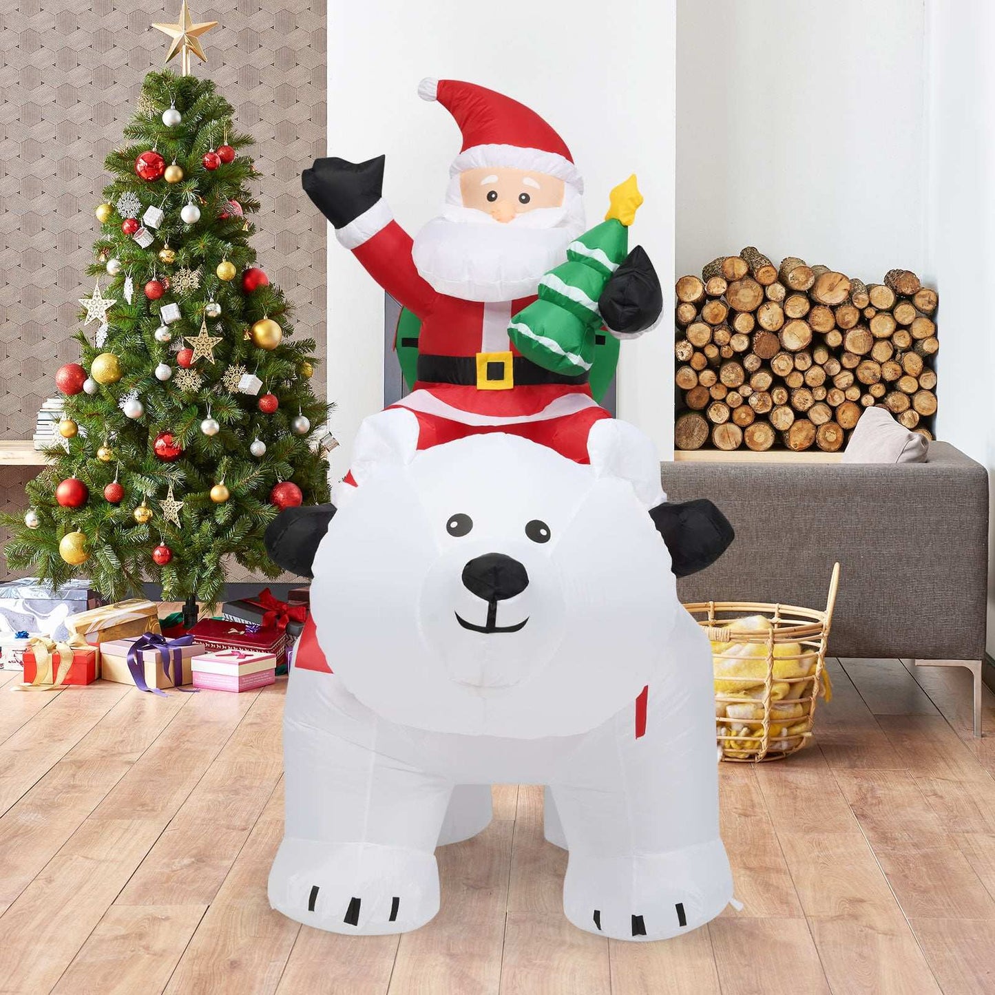 Inflatable Polar Bear with Santa, 200cm LED Christmas Decor