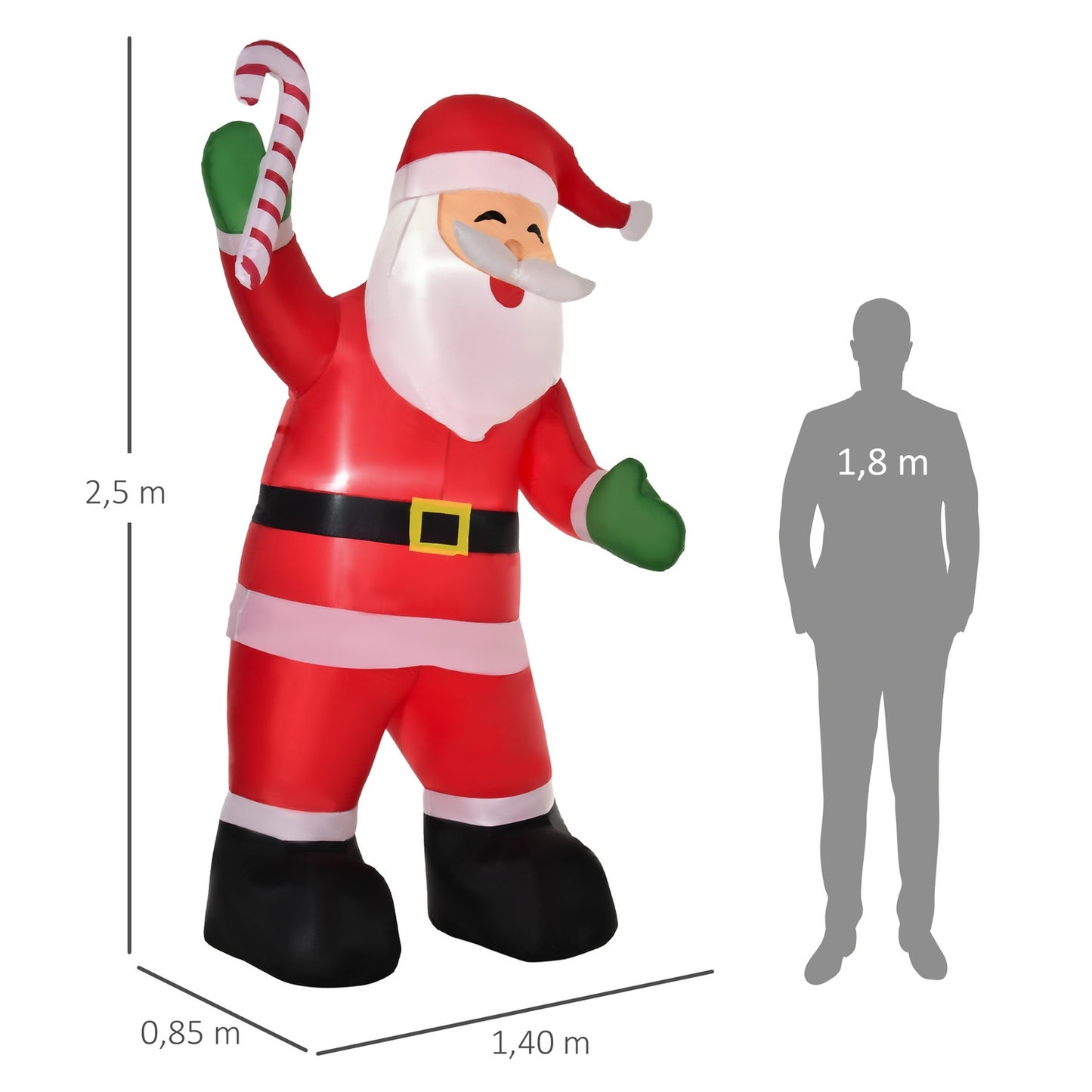 Inflatable Santa With Candy Cane LED, 250cm