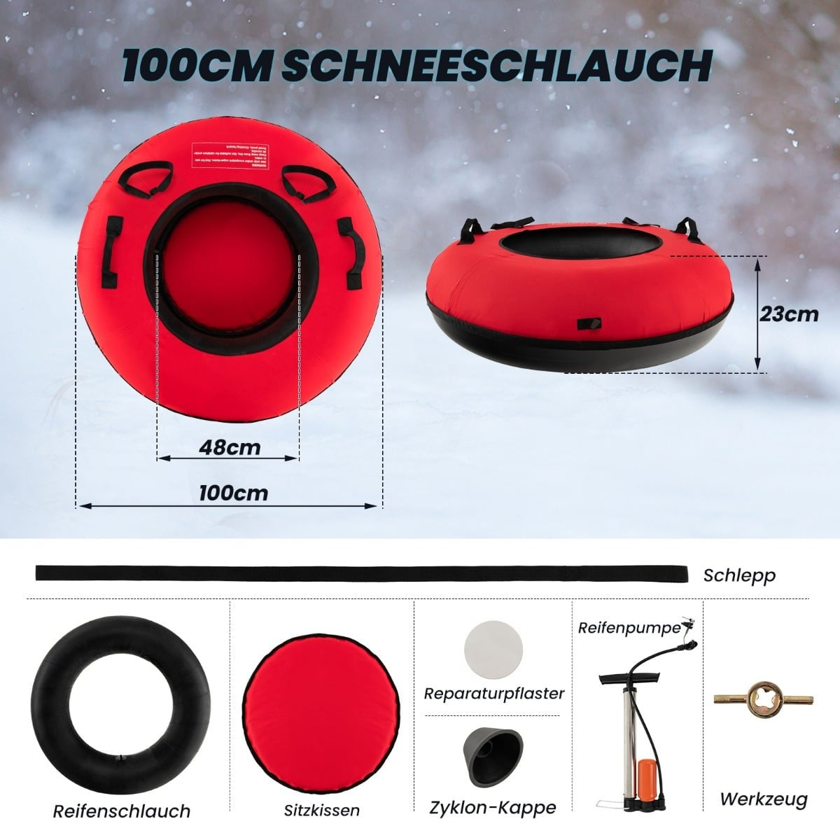 Inflatable Snow Tube 100cm with Pump & Tow Rope