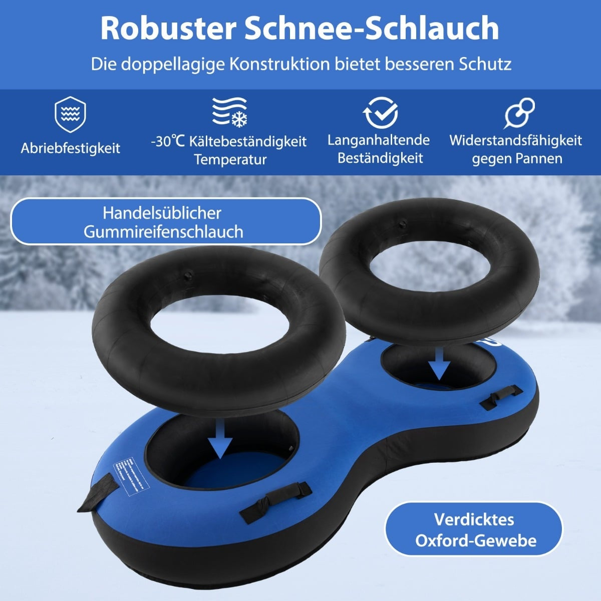 Inflatable Snow Tube for 2, 200cm, Heavy-Duty, Blue