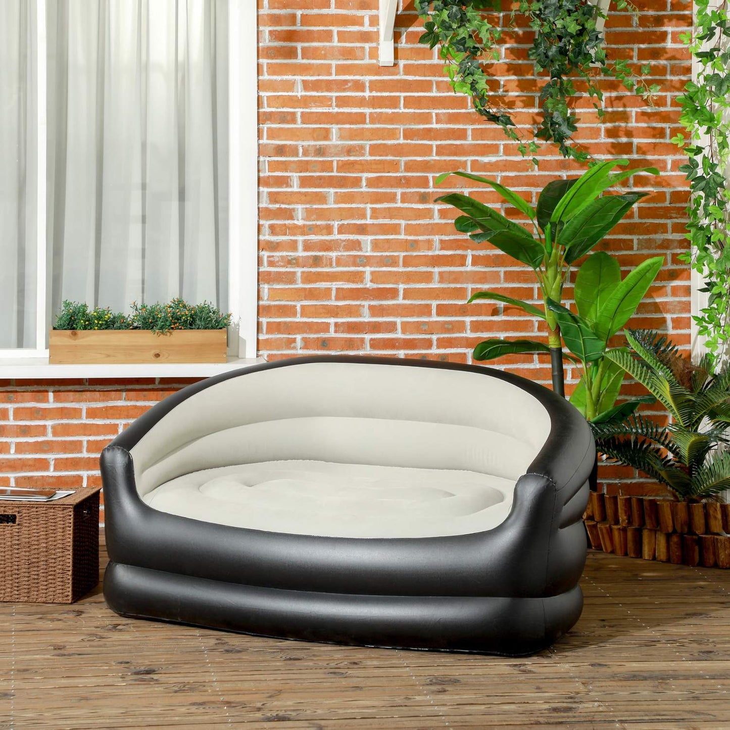 Inflatable sofa for 2, plush and portable, light gray