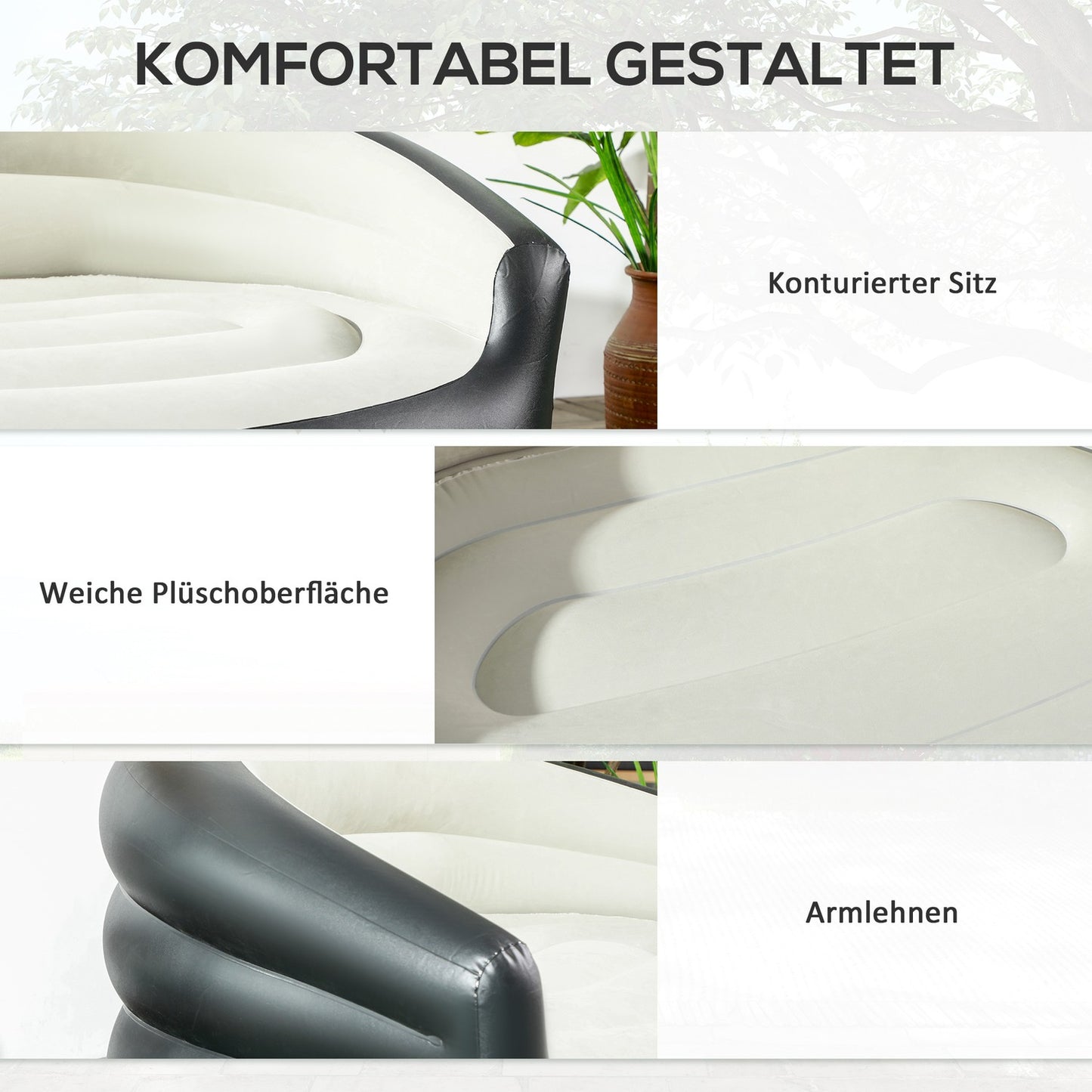 Inflatable sofa for 2, plush and portable, light gray