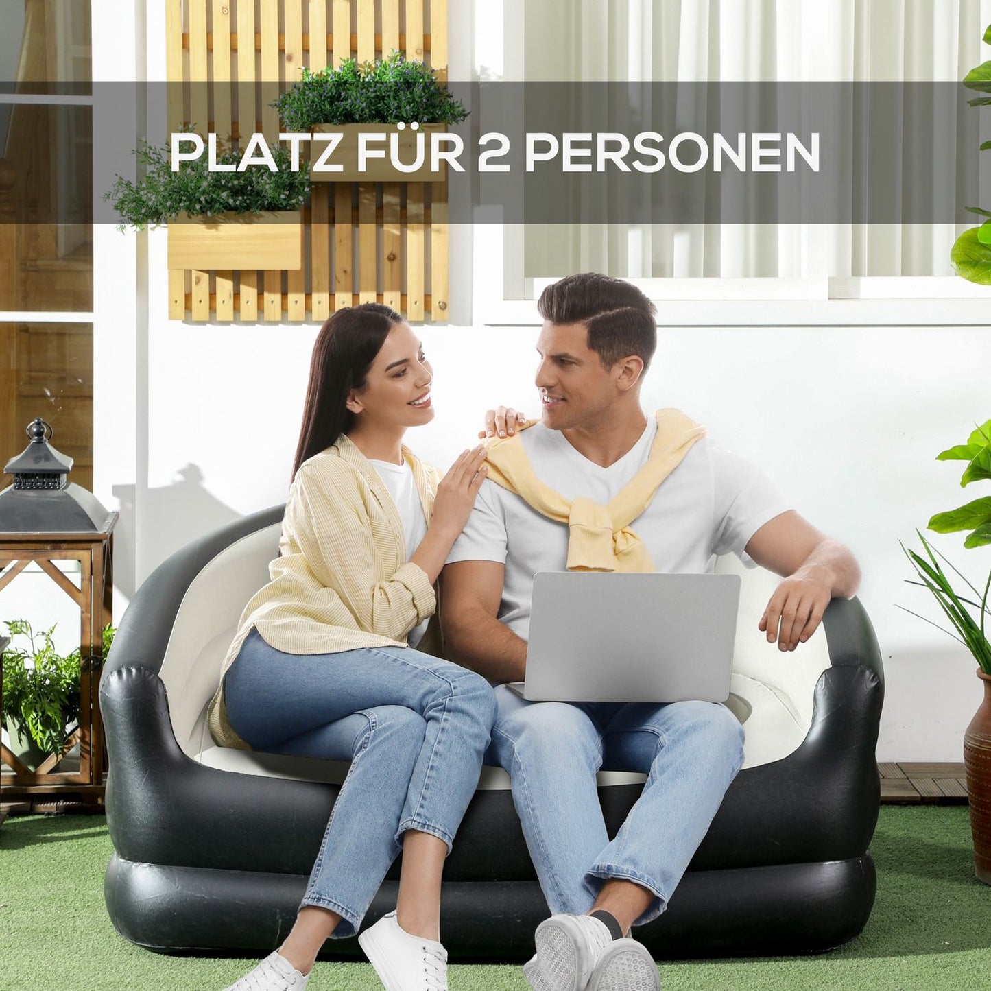 Inflatable sofa for 2, plush and portable, light gray