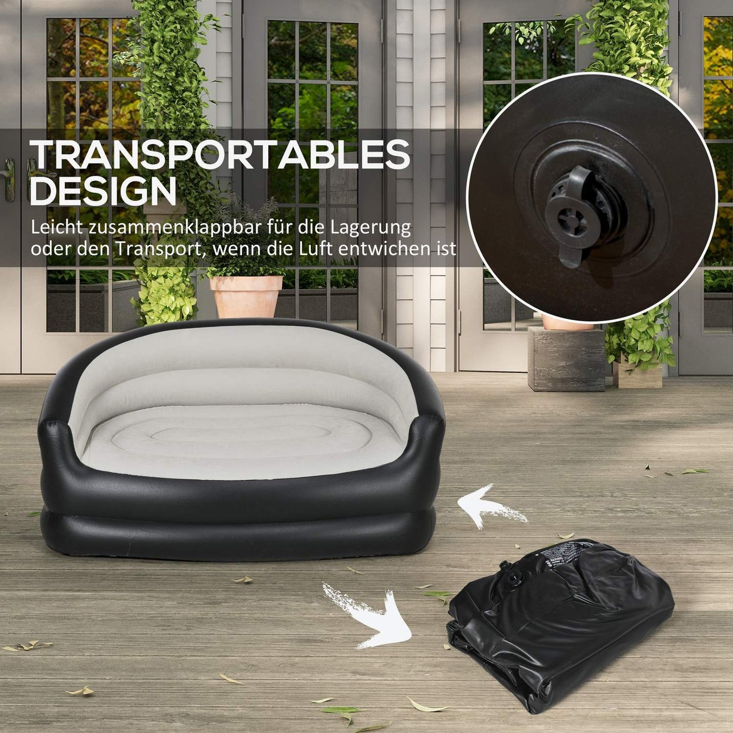 Inflatable sofa for 2, plush and portable, light gray