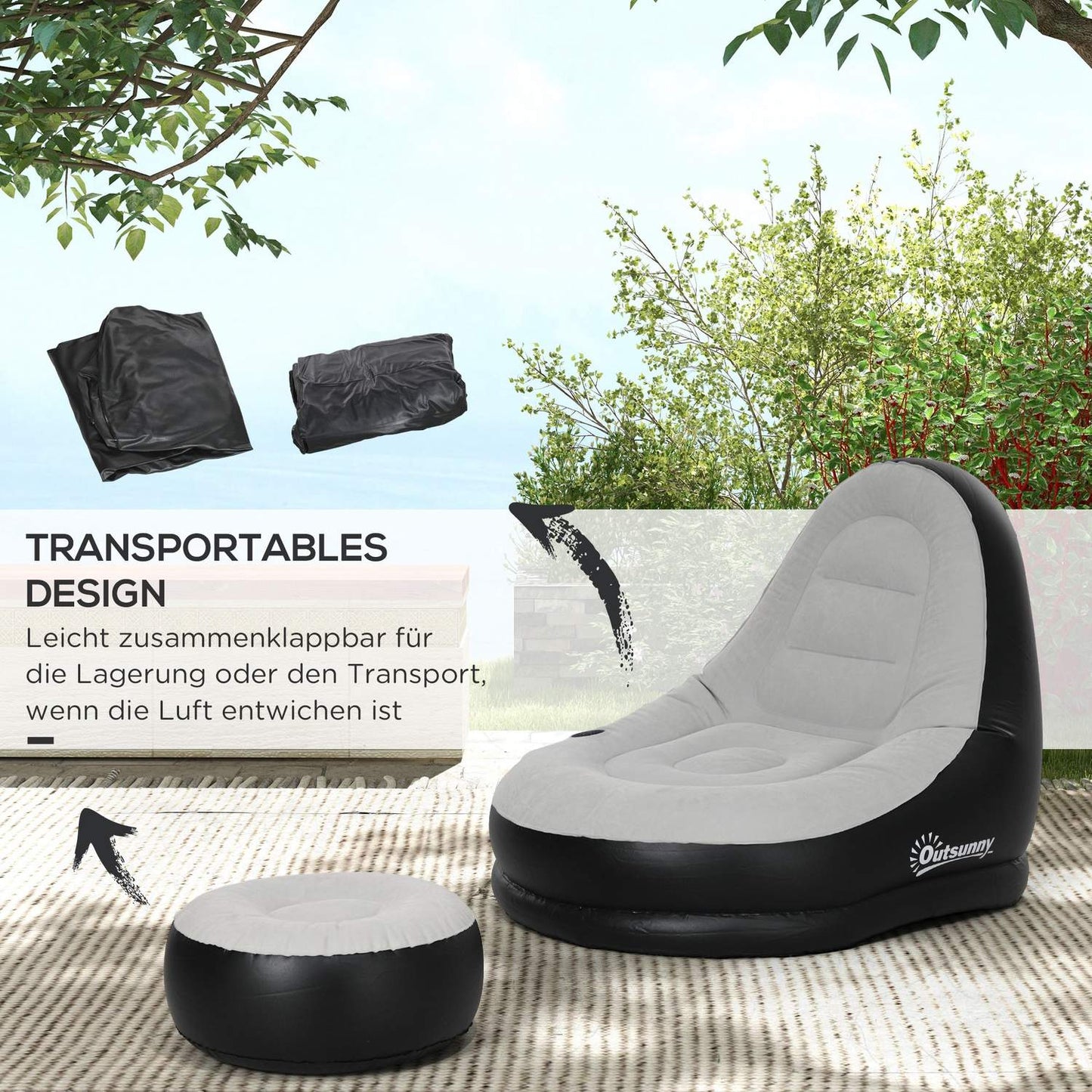 Inflatable sofa with footstool & cup holder, light grey